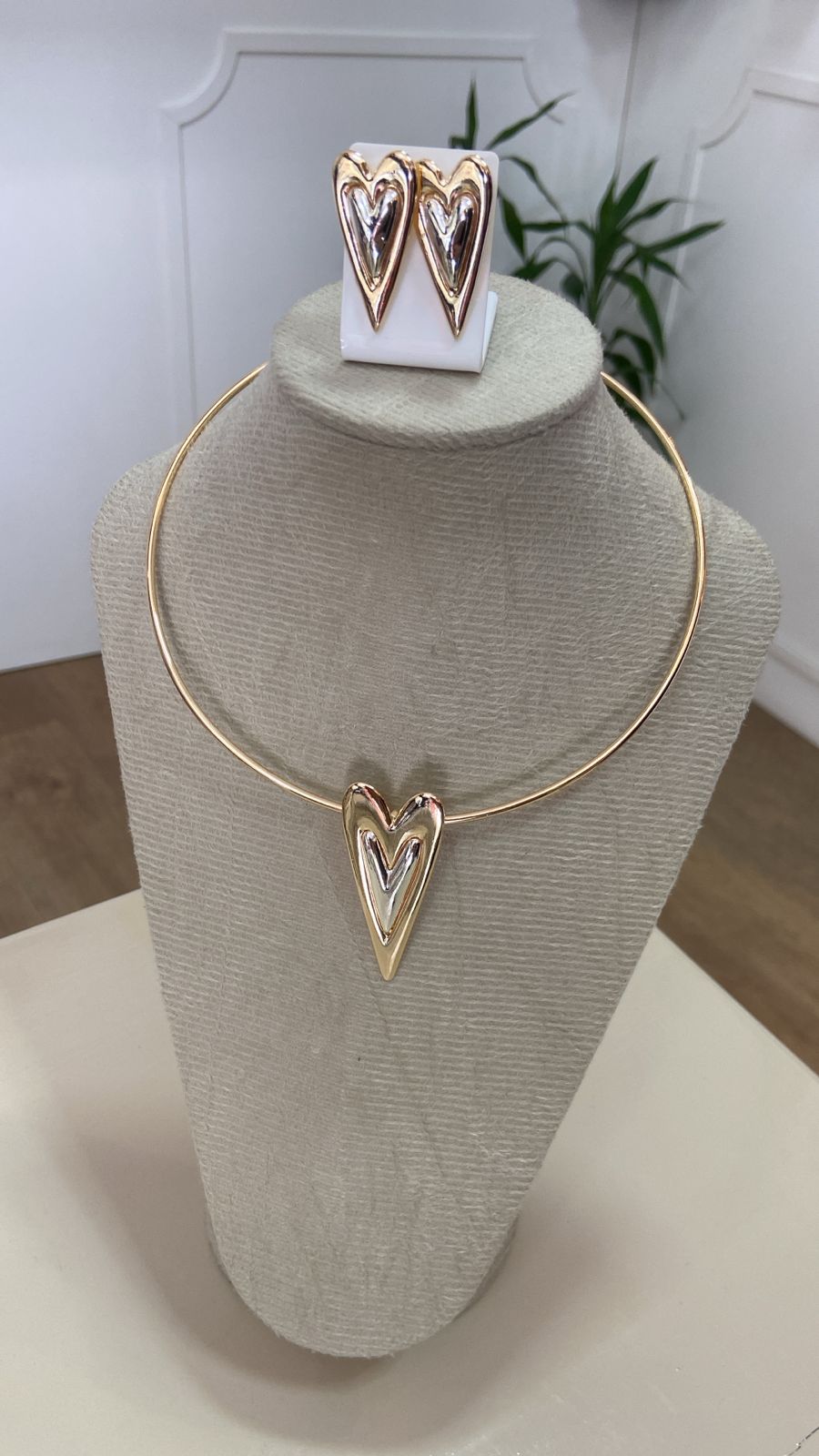 Conjunto Coração Dourado e Prata – Colar + Brinco