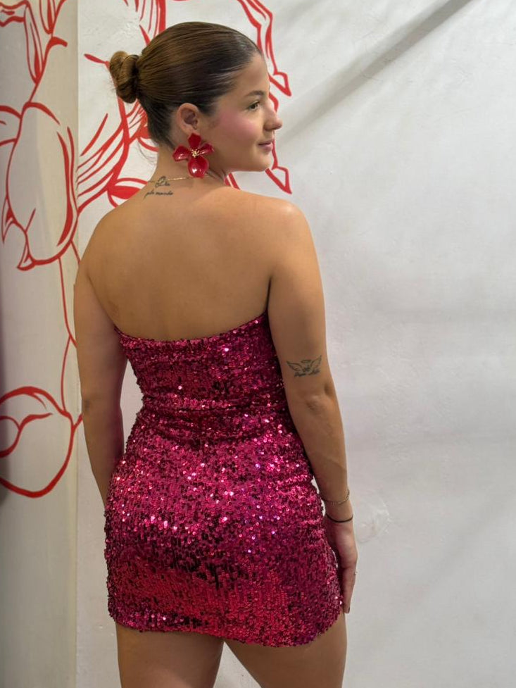 Vestido Pink de Paetê Tomara que Caia