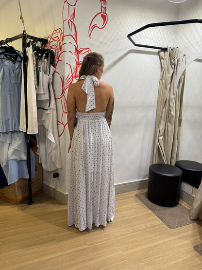 Vestido Longo Branco Poá com Amarração no Pescoço