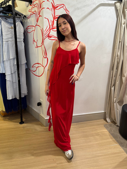 Vestido Vermelho Longo com Babados no Busto
