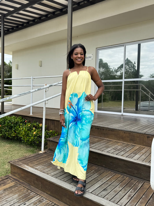 Vestido Amarelo com Estampa Floral Azul