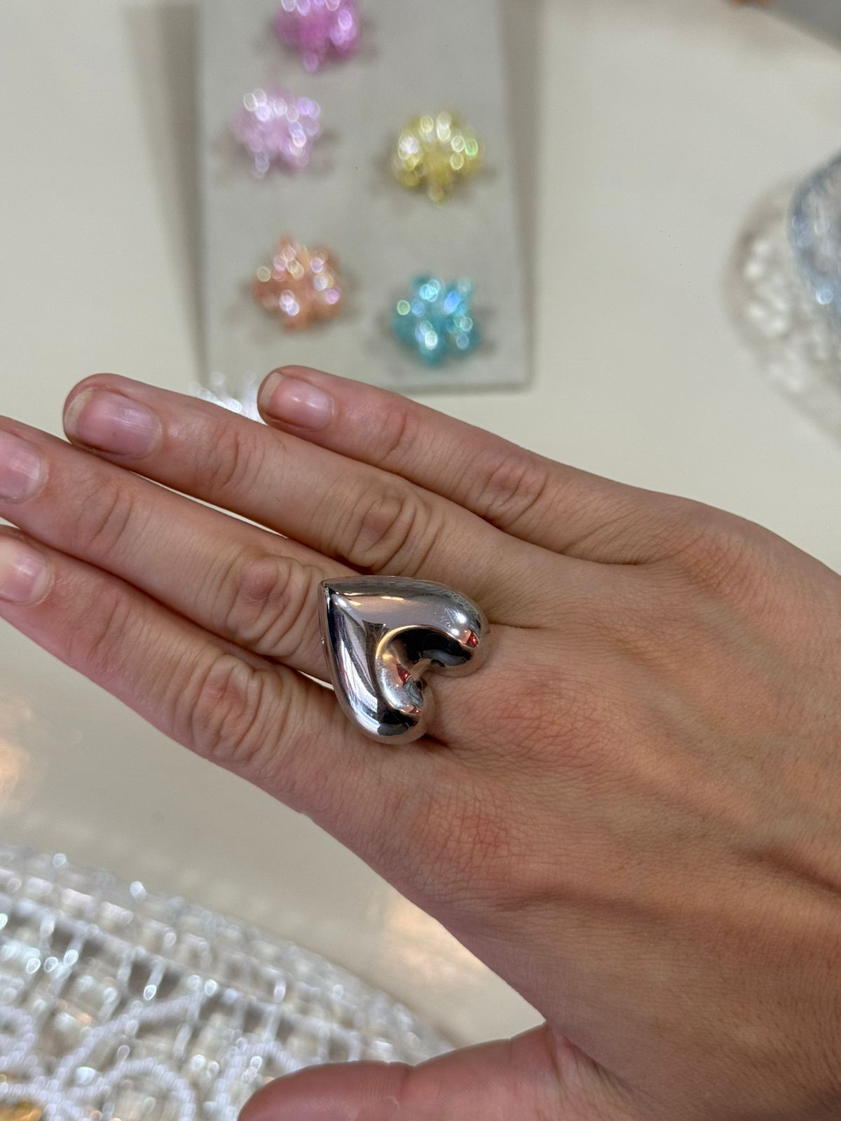 Anel Prateado Coração