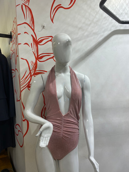 Maiô Rosa Lurex Decote Profundo