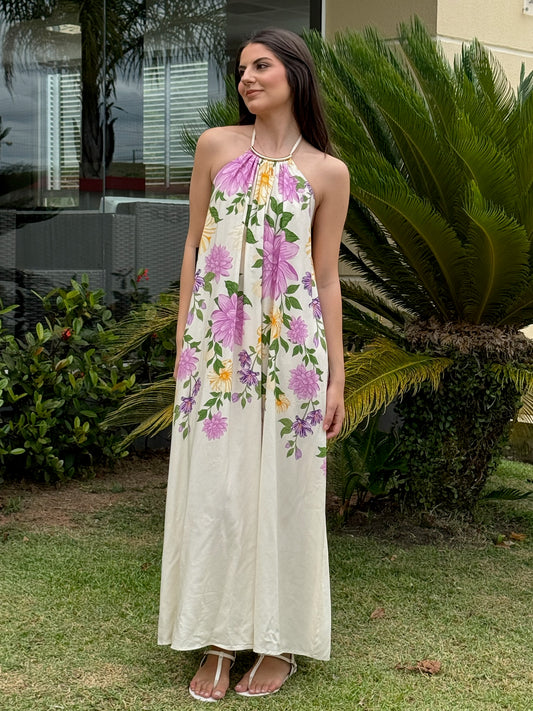 Vestido Off-White com Estampa Floral Rosa