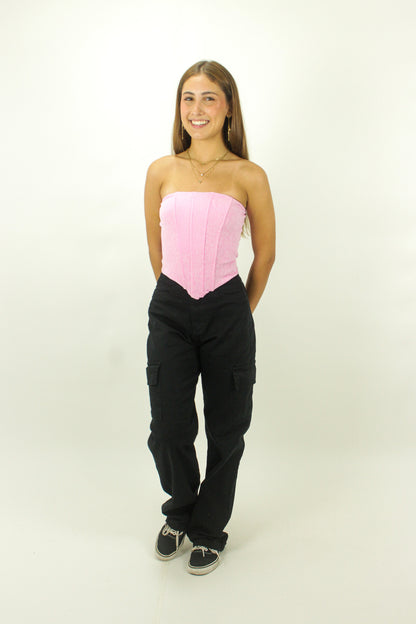 Corset canelado rosa claro