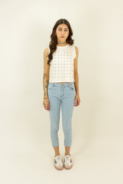 Regata cropped com bolinhas pratas