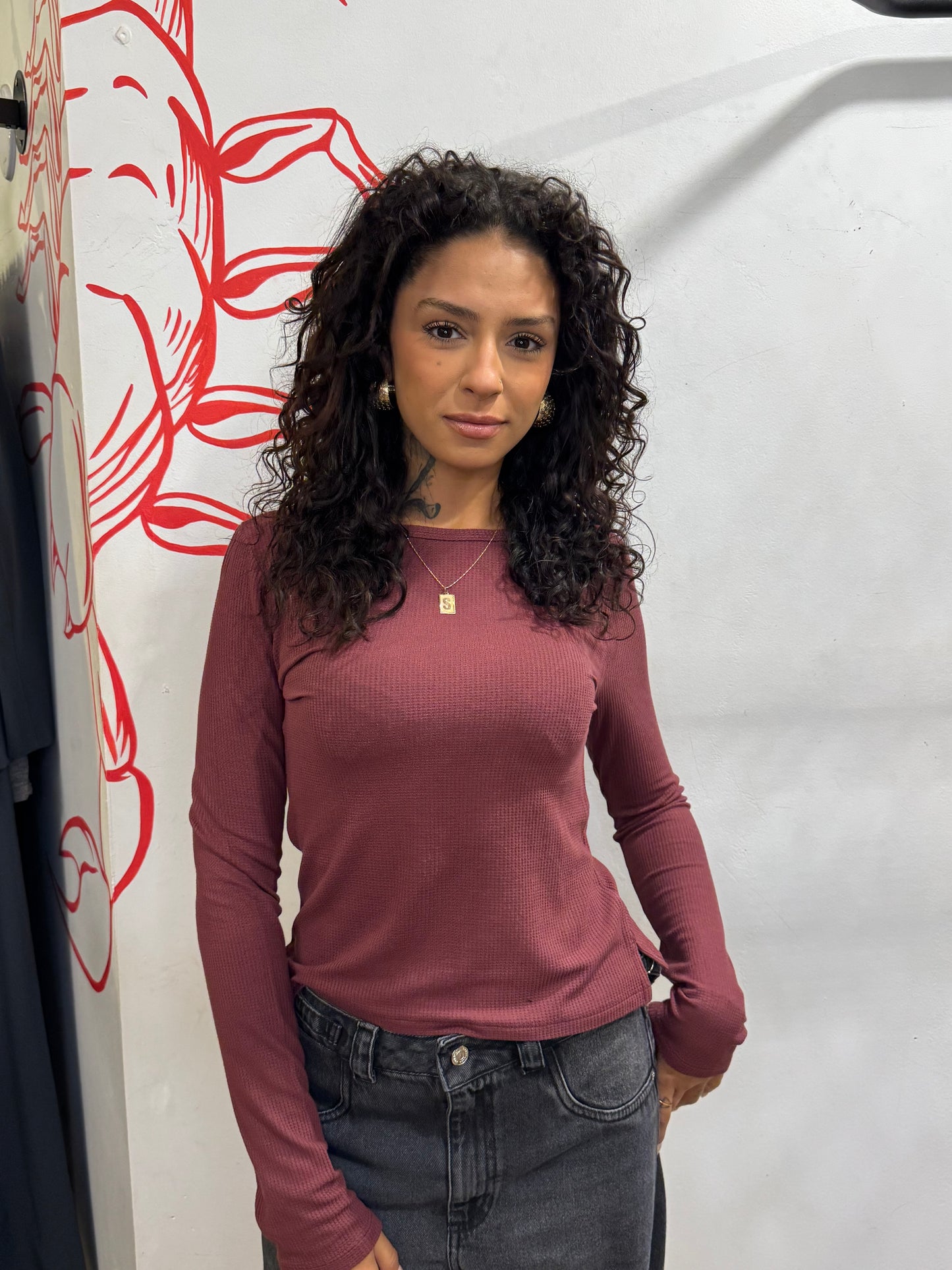 Blusa manga longa em textura wafle