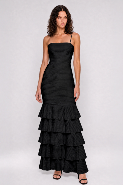 Vestido Longo Com Camadas Malha Fru-Fru