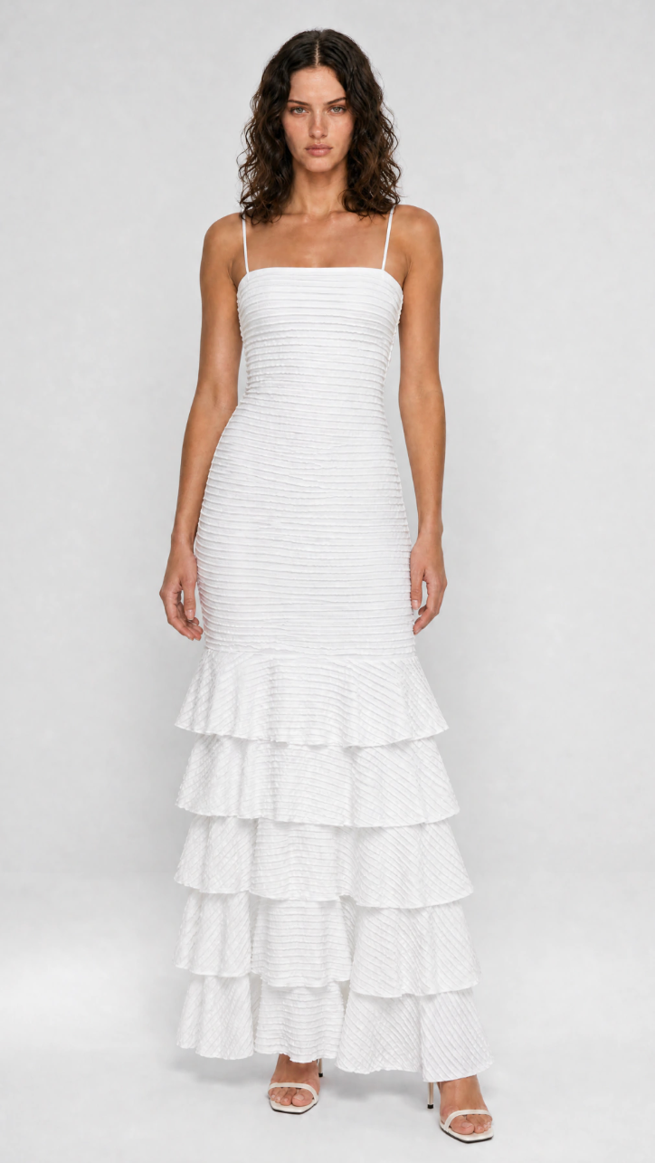 Vestido Longo Com Camadas Malha Fru-Fru