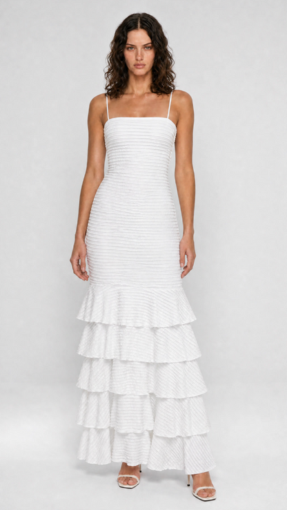 Vestido Longo Com Camadas Malha Fru-Fru