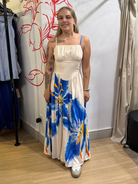 Vestido Bege com Estampa Floral Azul