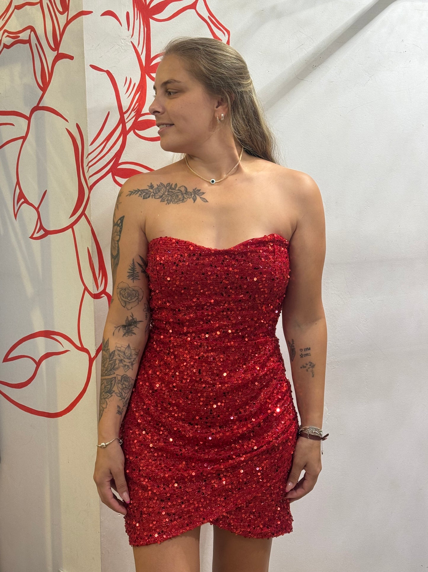 Vestido Vermelho de Paetê Tomara-que-Caia