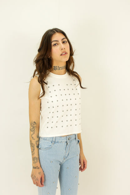 Regata cropped com bolinhas pratas