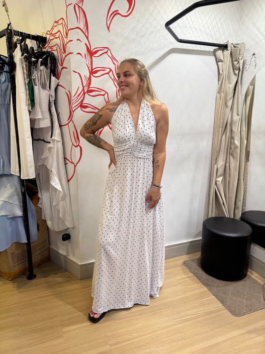 Vestido Longo Branco Poá com Amarração no Pescoço