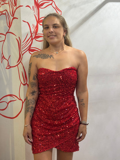 Vestido Vermelho de Paetê Tomara-que-Caia