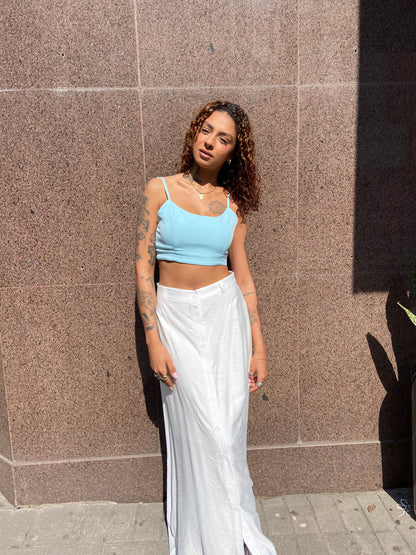 Cropped top azul bebê em alfaiataria