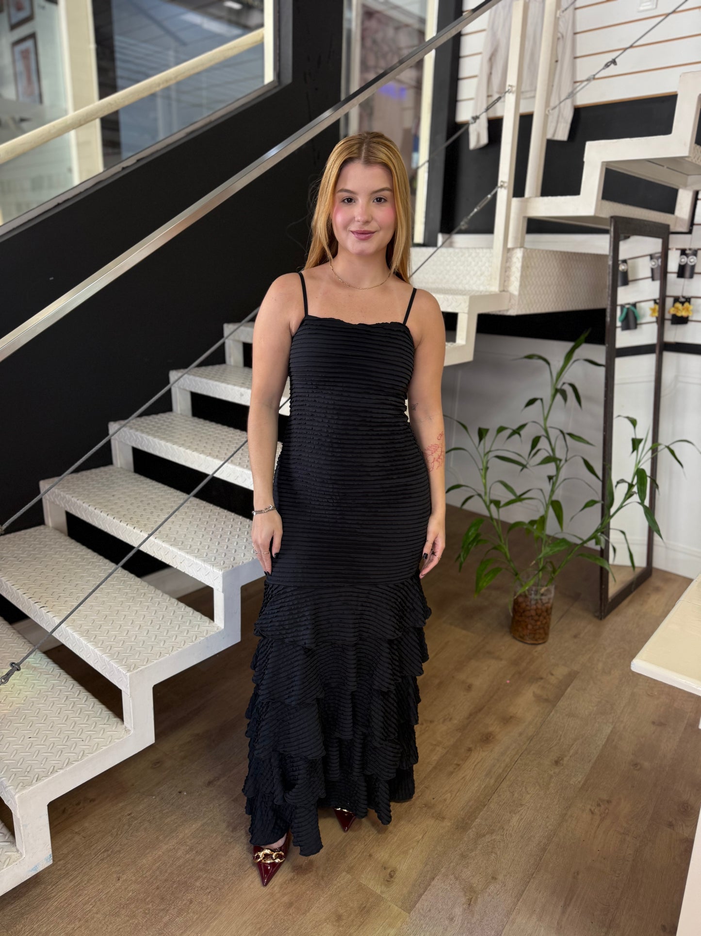 Vestido Longo Com Camadas Malha Fru-Fru