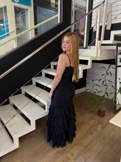 Vestido Longo Com Camadas Malha Fru-Fru