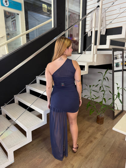 Vestido Azul Assimétrico com Tule