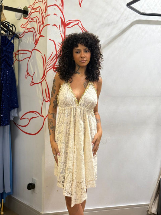 Vestido Curto Renda Off White com Pedraria
