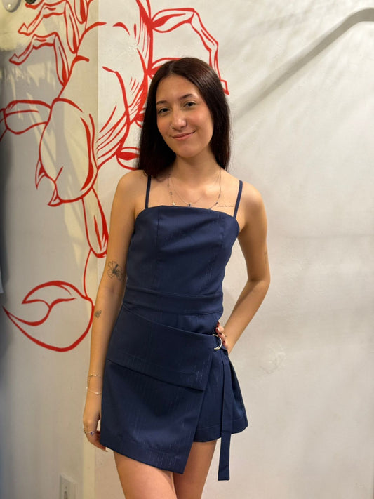 &nbsp;Macaquinho Alfaiataria Risca de Giz Lurex Azul