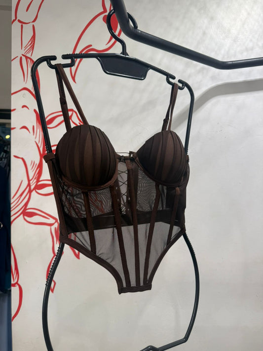 Body Corset Marrom em Tule e Bojo Estruturado