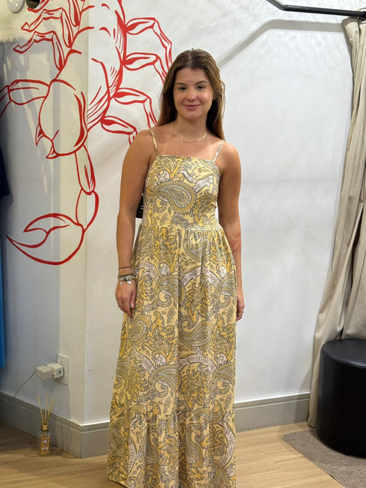Vestido Longo Estampado Amarelo com Alças Finas