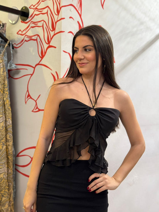 Top preto com Babados e Amarração Frontal