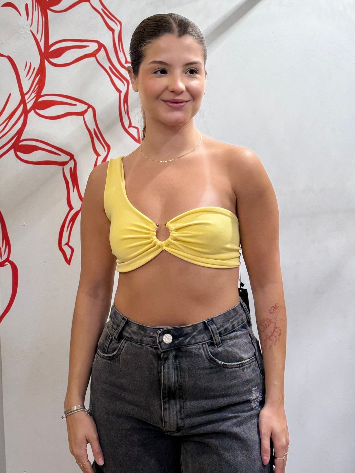 Cropped com Aro e Amarração nas Costas Amarelo Manteiga