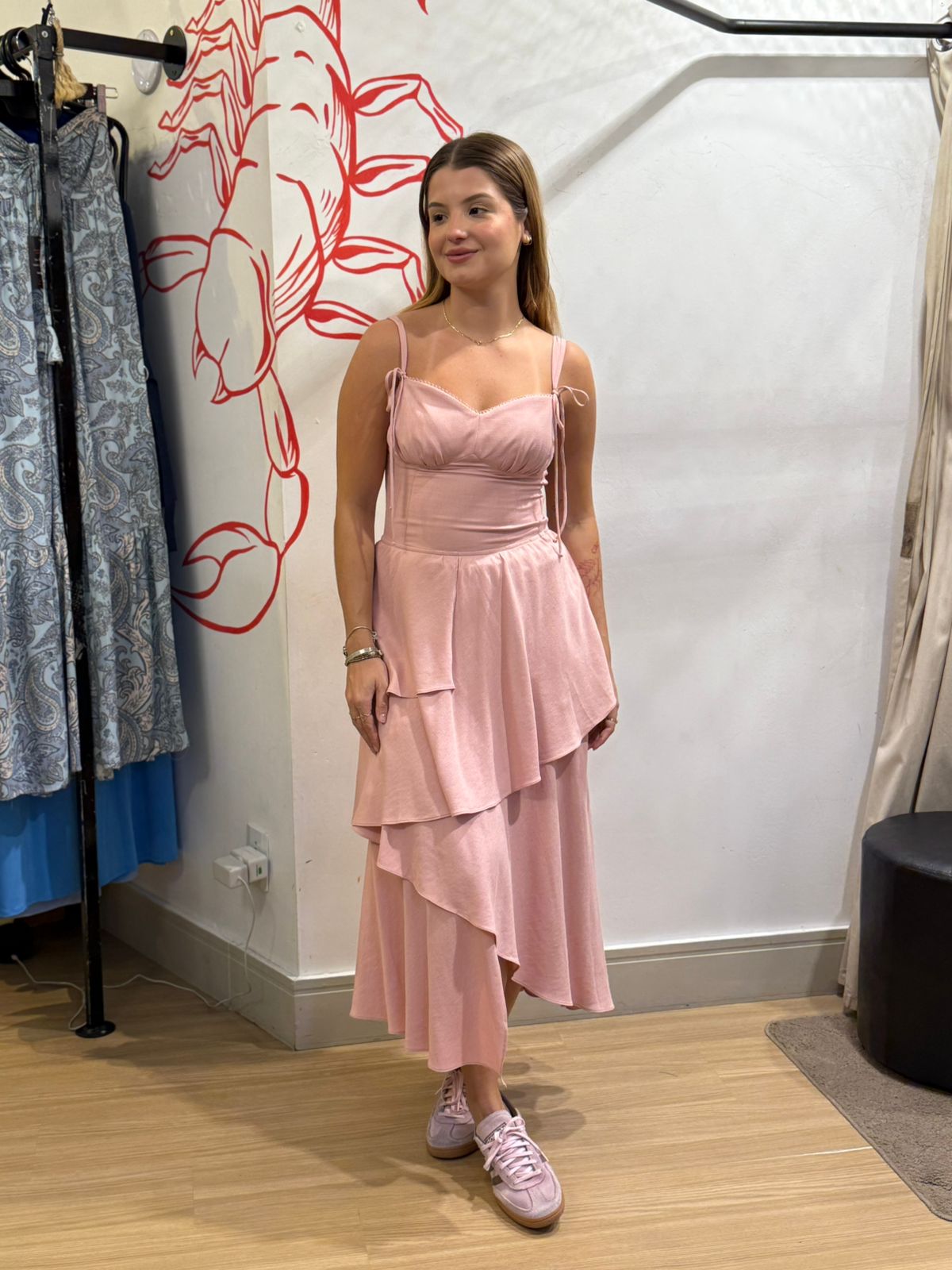 Vestido Midi Camadas Assimétricas Rosa