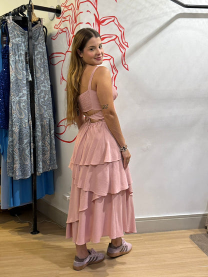 Vestido Midi Camadas Assimétricas Rosa