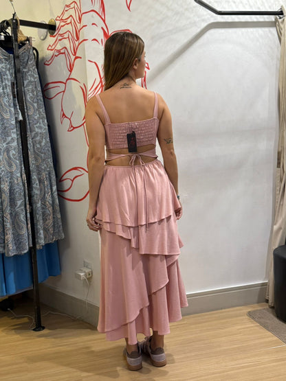 Vestido Midi Camadas Assimétricas Rosa