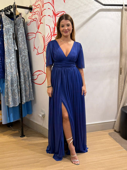 Vestido Longo Azul Brilho com Manga