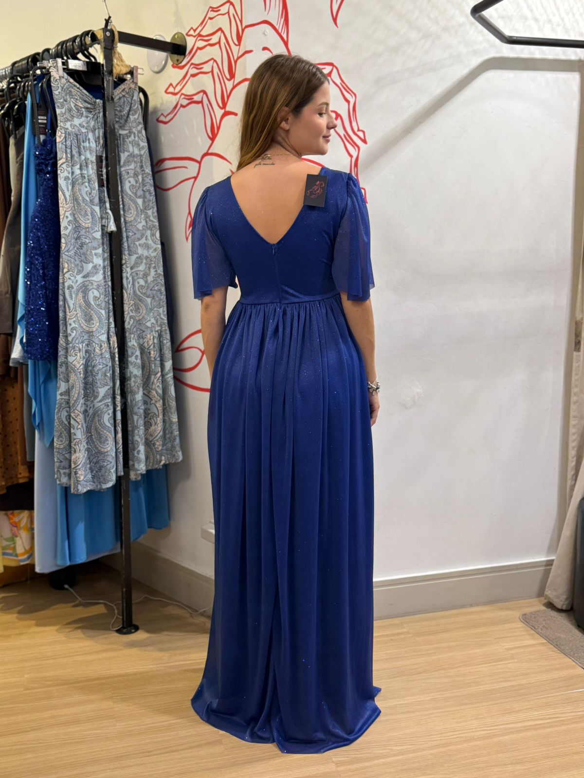 Vestido Longo Azul Brilho com Manga