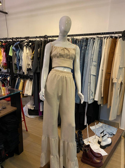 Conjunto Bege Cropped + Calça Pantalona