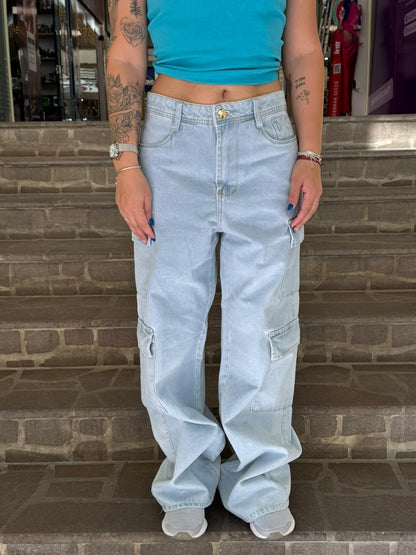 Calça Cargo Jeans Lavagem Clara 4 Bolsos