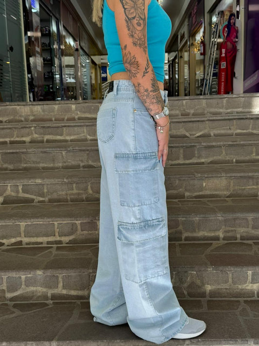 Calça Cargo Jeans Lavagem Clara 4 Bolsos