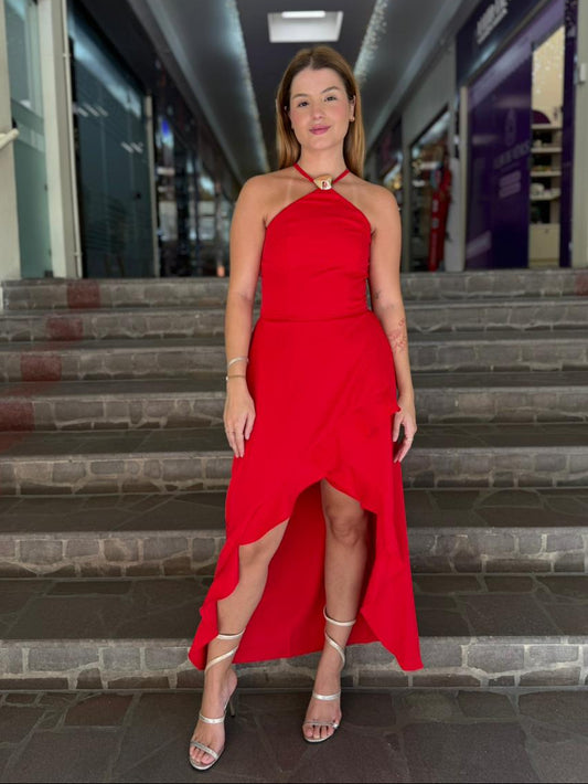 Vestido Midi com Babados e Amarração no Pescoço