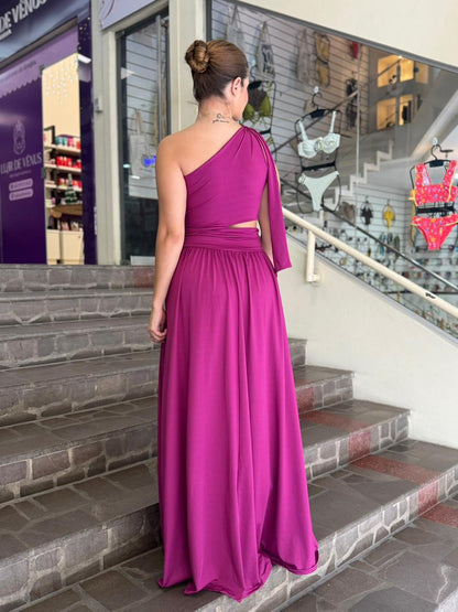 Vestido fúcsia um ombro só
