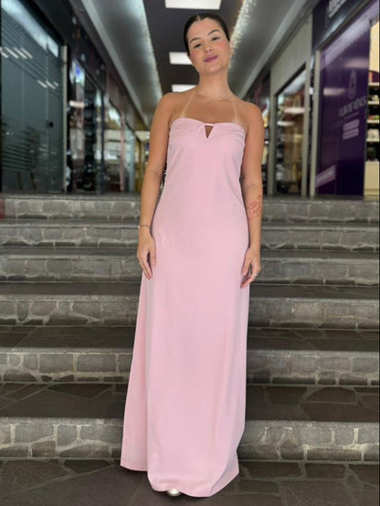 Vestido Rosa Longo Tomara que Caia com Alça Removível