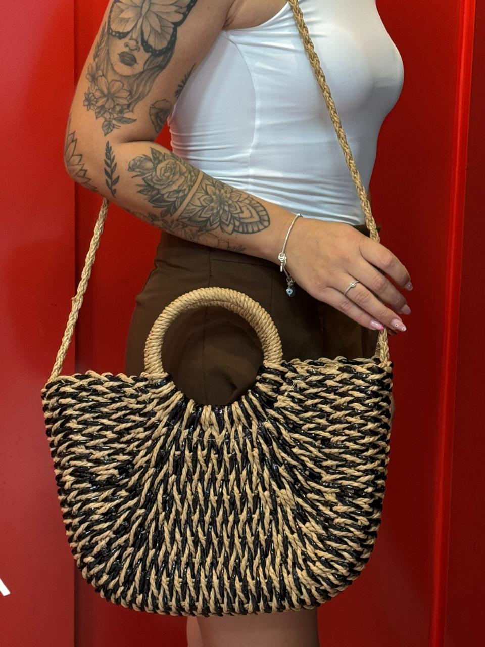 Bolsa Trançada Preta com Marrom