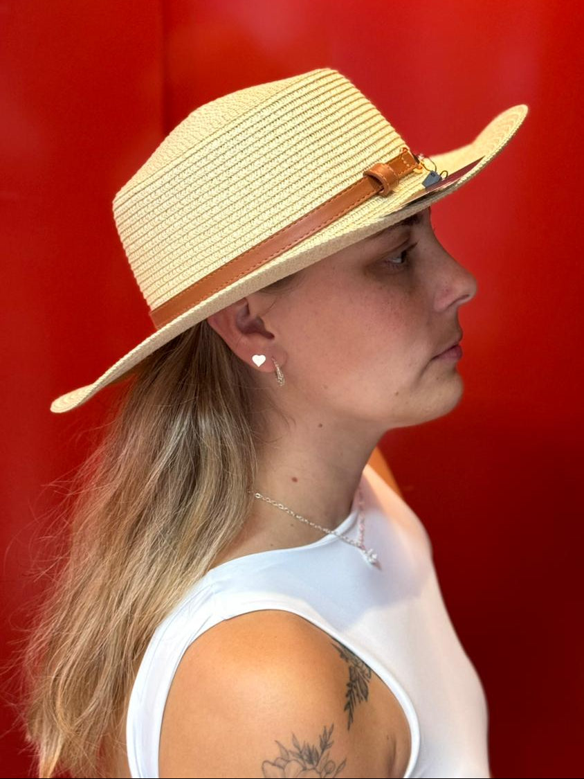 Chapéu de Palha Natural com Detalhes Marrom e Dourado