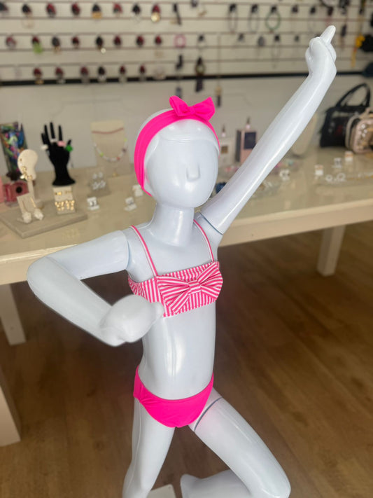 Biquíni Infantil Pink com Listras e Laço + Faixinha