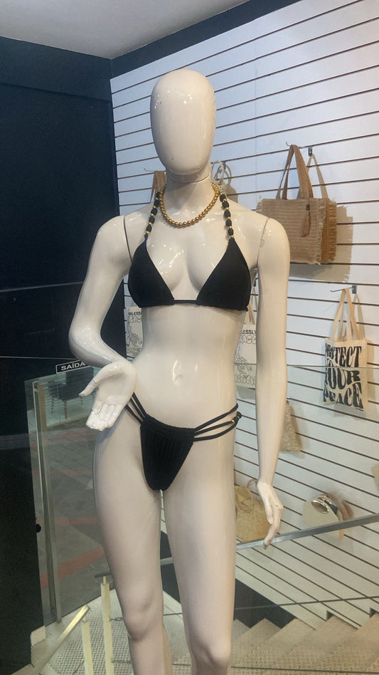 Biquíni Preto Luxo com Alça de Esferas Douradas