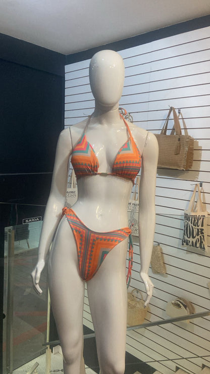 Conjunto Saída + Biquíni Geométrico Laranja