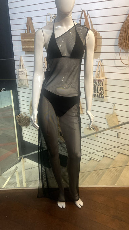 Saída Longa Preta Ombro Único – Tule Transparente