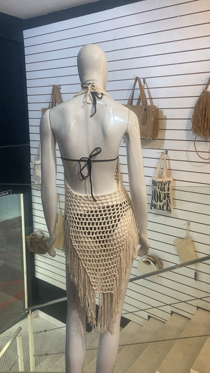 Saída de Praia Crochê com Franjas – Gola Alta Off-White