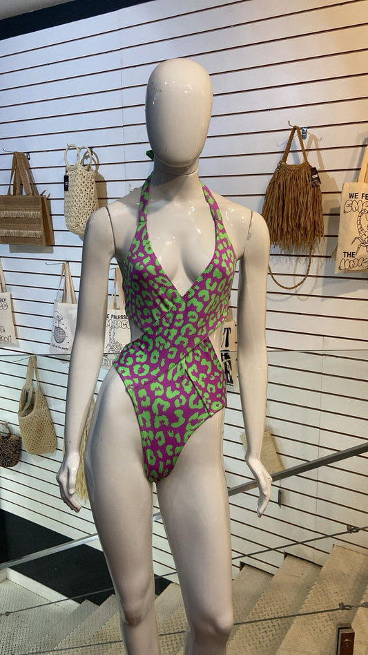 Maiô Halter Recortes Onça Neon