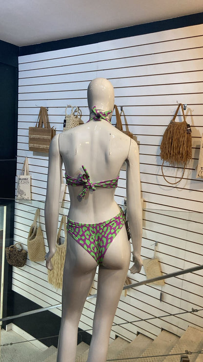 Maiô Halter Recortes Onça Neon