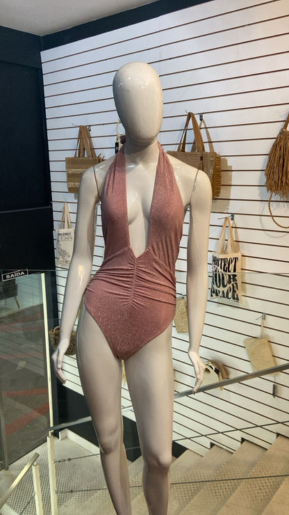 Maiô Metalizado Decote Profundo Rose